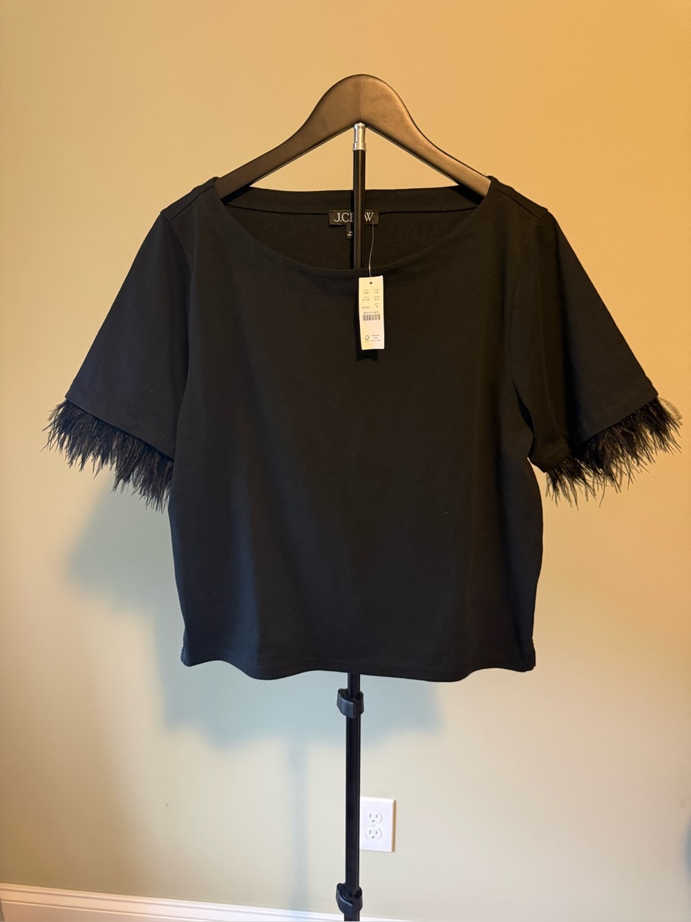 NWT J. Crew Black Feather-Trim Short Sleeve Top SM M (20" P2P)